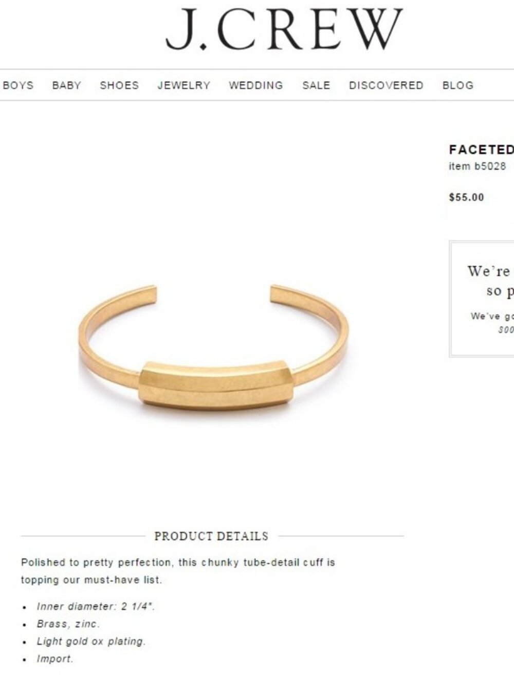 J Crew Faceted Cuff - gold plated brass bracelet